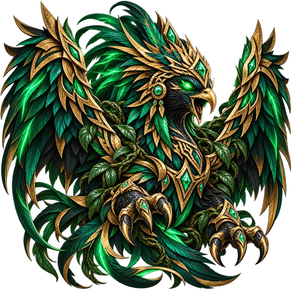 Guardián ancestral de Voryn, con plumas esmeralda y armadura de oro